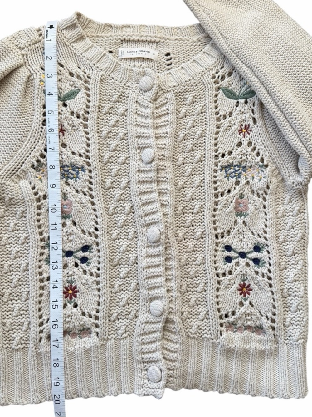 Lucky Brand Ivory Floral Embroidered Knit Cardigan Size M - Picture 12 of 12